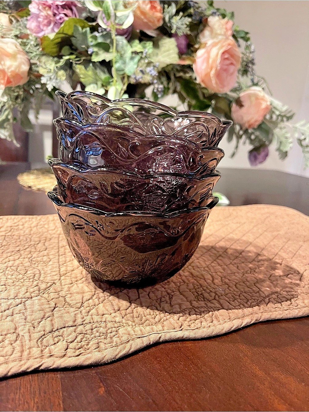 Set of 4 Vintage Princess House Fantasia Amethyst Purple Dessert Bowls